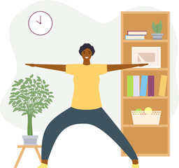 Home exercises. People meditate, do yoga, sport and fitness indoor. Active men and women workout on exercise bike and treadmill vector set