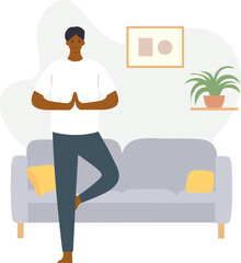 Home exercises. People meditate, do yoga, sport and fitness indoor. Active men and women workout on exercise bike and treadmill vector set