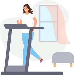 Home exercises. People meditate, do yoga, sport and fitness indoor. Active men and women workout on exercise bike and treadmill vector set