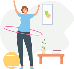 Home exercises. People meditate, do yoga, sport and fitness indoor. Active men and women workout on exercise bike and treadmill vector set