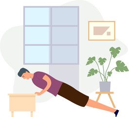 Home exercises. People meditate, do yoga, sport and fitness indoor. Active men and women workout on exercise bike and treadmill vector set