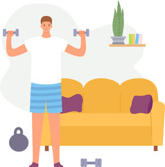 Home exercises. People meditate, do yoga, sport and fitness indoor. Active men and women workout on exercise bike and treadmill vector set