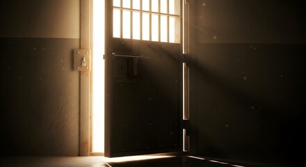 Bright light shining through an open old cell door