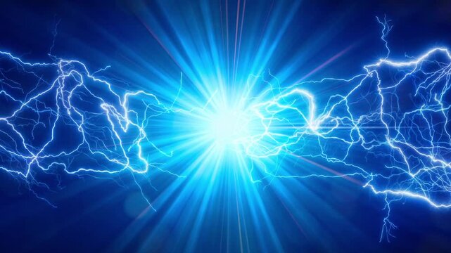blue lightning bolt on a light rays background. Strong electric energy backdrop effect video for product presentations or short vfx animations