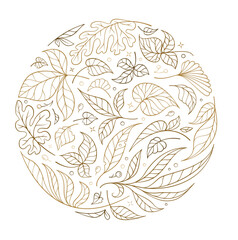 Golden botanical circle. Elegant decorative vector with leaves and fine line details