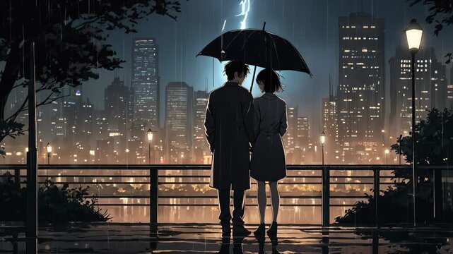 Manga-style wallpaper of a couple in a park with an umbrella over their heads while it rains softly. In the background, the city is lit up at night. The image has a romantic and intimate feel.
