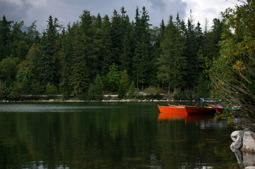 Orange Boats on Tranquil Forest Lake