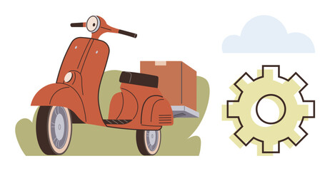 Red scooter carrying a package parked on grass with gear and cloud elements. Ideal for logistics, delivery, e-commerce, sustainability, innovation, technology, transportation. A simple flat metaphor