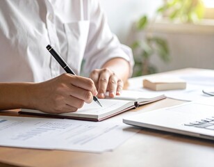 Person Writing in Notebook at Desk