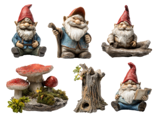 Garden Gnomes with Mushrooms and Tree Stump Collection