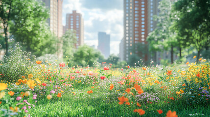 A vibrant urban green space blooming with colorful wildflowers, highlighting biodiversity and nature thriving amidst the concrete landscape of a bustling city center