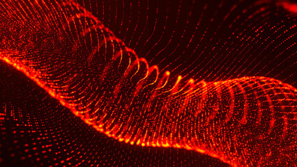 Neon fire background with dots and particles, textured line tunnel, wave spiral, orange energy cosmos, LED strip design for technology, business and presentations.