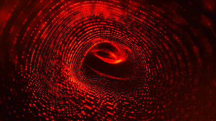 Neon fire background with dots and particles, textured line tunnel, wave spiral, orange energy cosmos, LED strip design for technology, business and presentations.