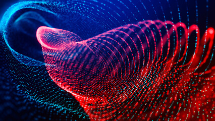 Neon backdrop with dots and particles, double wave spiral, textured line tunnel, energy cosmos, fire and ice, LED strips, magnetic poles ideal banner for technology, business and presentations.