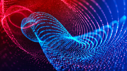 Neon backdrop with dots and particles, double wave spiral, textured line tunnel, energy cosmos, fire and ice, LED strips, magnetic poles ideal banner for technology, business and presentations.