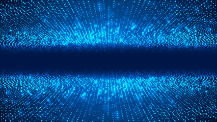 Neon blue dotted frame background with particle matter, portal to black hole, chaotic molecule waves, Milky Way, digital field banner for technology, advertising and presentations.