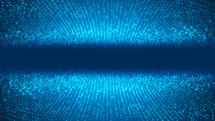 Neon blue dotted frame background with particle matter, portal to black hole, chaotic molecule waves, Milky Way, digital field banner for technology, advertising and presentations.