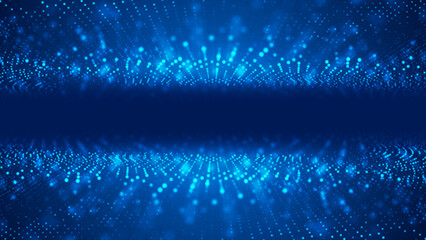 Neon blue dotted frame background with particle matter, portal to black hole, chaotic molecule waves, Milky Way, digital field banner for technology, advertising and presentations.