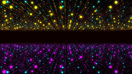 Neon colorful dotted frame background with particle matter, portal to black hole, chaotic molecule waves, Milky Way, digital field banner for technology, advertising and presentations.