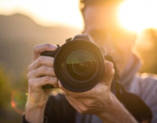 Photographer Holding Camera at Sunset
