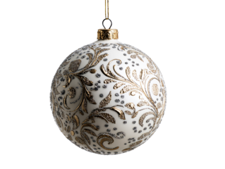 Ornate white Christmas ornament with gold scrollwork and glitter , isolated on transparent cutout background

