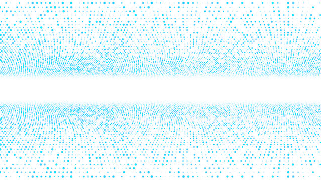 Blue dotted frame background with particle gate, chaotic molecule waves, digital grid and lively ornament perfect banner for technology, medicine and presentations.