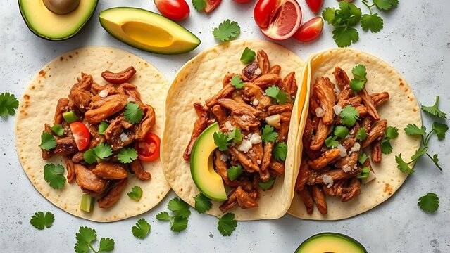 A vibrant display of Mexican street tacos with fresh ingredients, captured from an overhead angle.