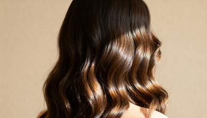 Fototapeta premium Shiny brunette hair with soft loose waves cascading down the back illuminated by warm natural sunlight indoors