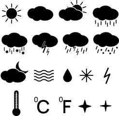 Weather icons set, symbols for sun, clouds, rain, snow, thunder, temperature and forecast design, perfect for apps, UI, infographics, climate, meteorology projects.