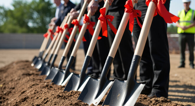 Business professionals in formal attire participate in groundbreaking ceremony with shovels adorned with red ribbons on sunny day