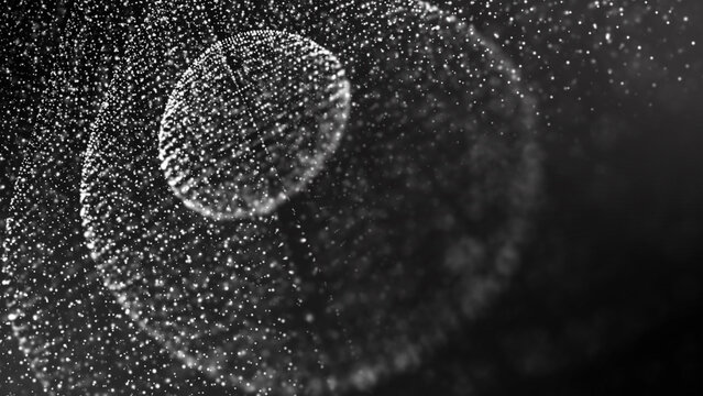 Halftone Circular design with fragments, particles, molecular spheres, glowing energy patterns, endless motion, hypnotic lines, cosmic features,  abstract avocado. Perfect for science,  technology 