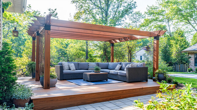 A beautifully renovated outdoor deck featuring fresh wood staining, modern furniture, and a newly installed pergola