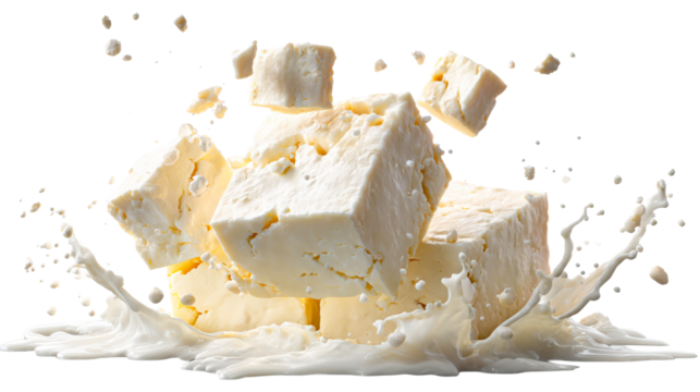 Cheese Cubes Splashing in Creamy Liquid