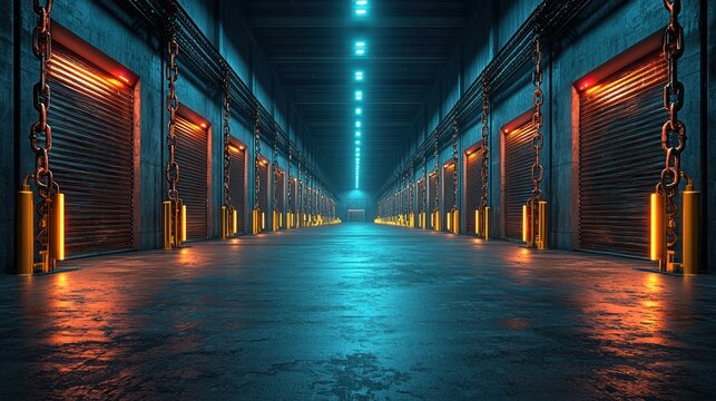 Neon-lit industrial corridor, storage units, dark background, futuristic setting, ideal for sci-fi or game design
