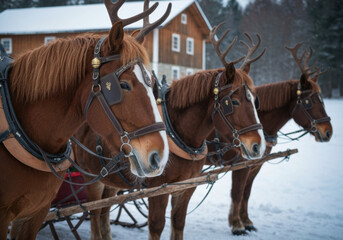 Obraz premium Three brown draft horses harnessed together in winter, standing outside a rustic wooden barn with antlers attached to their bridles