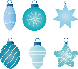 Blue Christmas ornaments set, festive New Year decorations with snowflake and star designs, elegant winter holiday illustration for Xmas greeting and seasonal design.