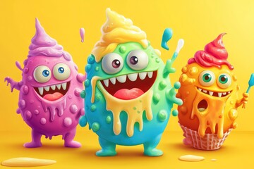 Fototapeta premium Joyful Monster Ice Cream Characters — Colorful Cartoon Dessert Icons for Kids and Packaging Design