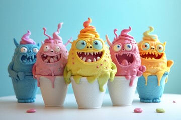 Fototapeta premium Joyful Monster Ice Cream Characters — Colorful Cartoon Dessert Icons for Kids and Packaging Design