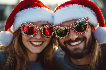happy couple in santa hats and sunglasses