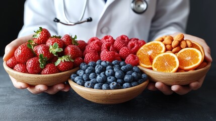 Doctor holding bowls of fresh fruits