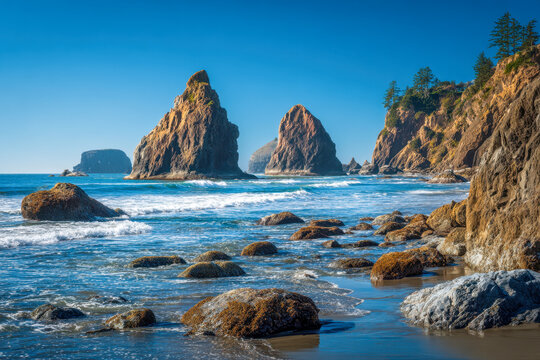 Serene coastal scene with rugged sea stacks and rocky shoreline under clear blue sky and gentle ocean waves on a sunny day