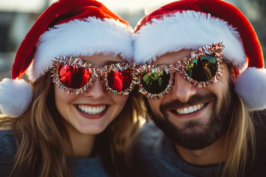 happy couple in santa hats and sunglasses