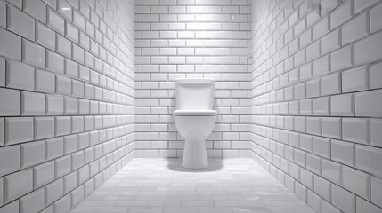 Minimalistic white toilet centered in a bright room fully covered with glossy white subway tiles on walls and floor creating a modern clean design