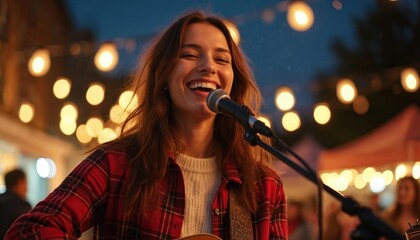 Female singer plays acoustic guitar at outdoor concert at night. Woman performs music on stage with microphone. Lights bokeh create festive mood. Street gig singer happy.