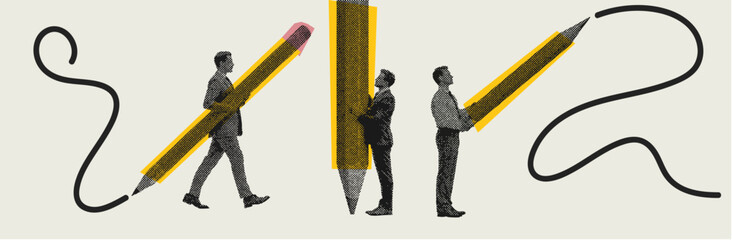 Creative halftone illustration of businessmen holding giant pencils symbolizing ideas, design, and productivity