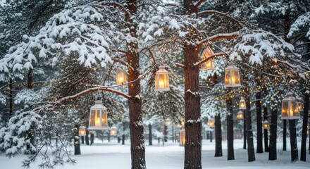 Winter wonderland scene with snow covered trees and glowing lanterns hanging down