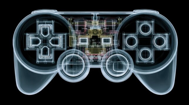 X-ray image of a video game controller showing internal buttons, circuits, and modern gaming technology design