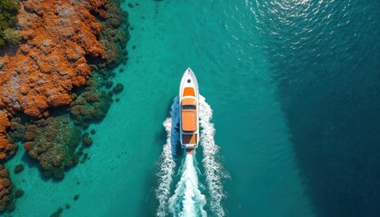 Aerial view of white motor boat sailing calm turquoise ocean water. Boat creates wake in clear blue sea near vibrant orange rocky shore with underwater reef, corals. Fast luxury yacht cruises