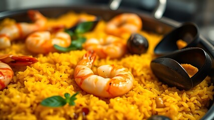 Close-up of traditional Spanish seafood paella with shrimp and mussels.