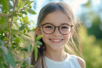young girl with glasses standing next to greenery 